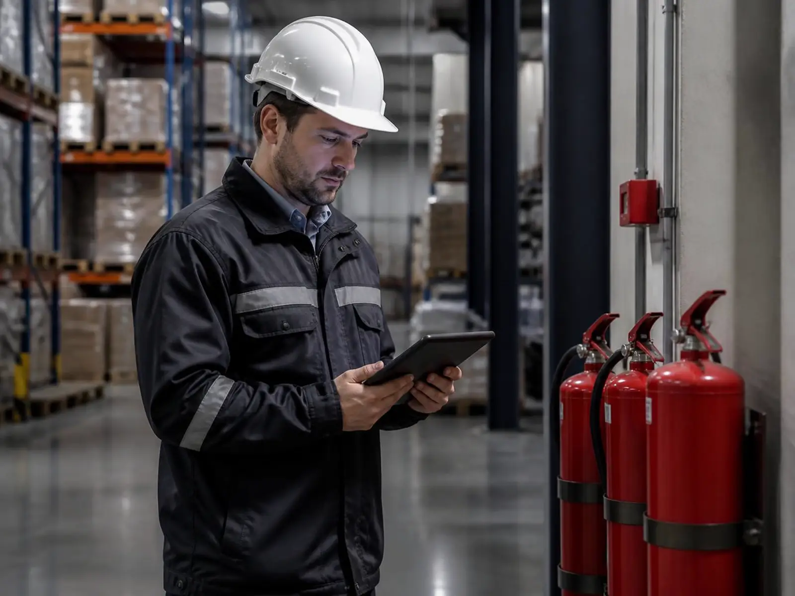 Techniker dokumentiert die Wartung von Feuerlöschern digital auf dem Tablet